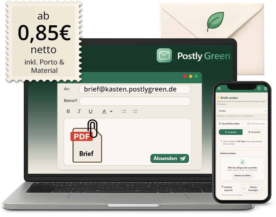 PostlyGreen Hero Visual – Laptop sendet Brief