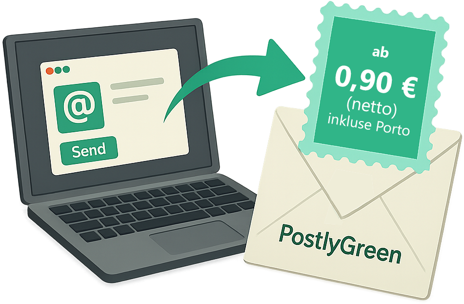PostlyGreen Hero Visual – Laptop sendet Brief